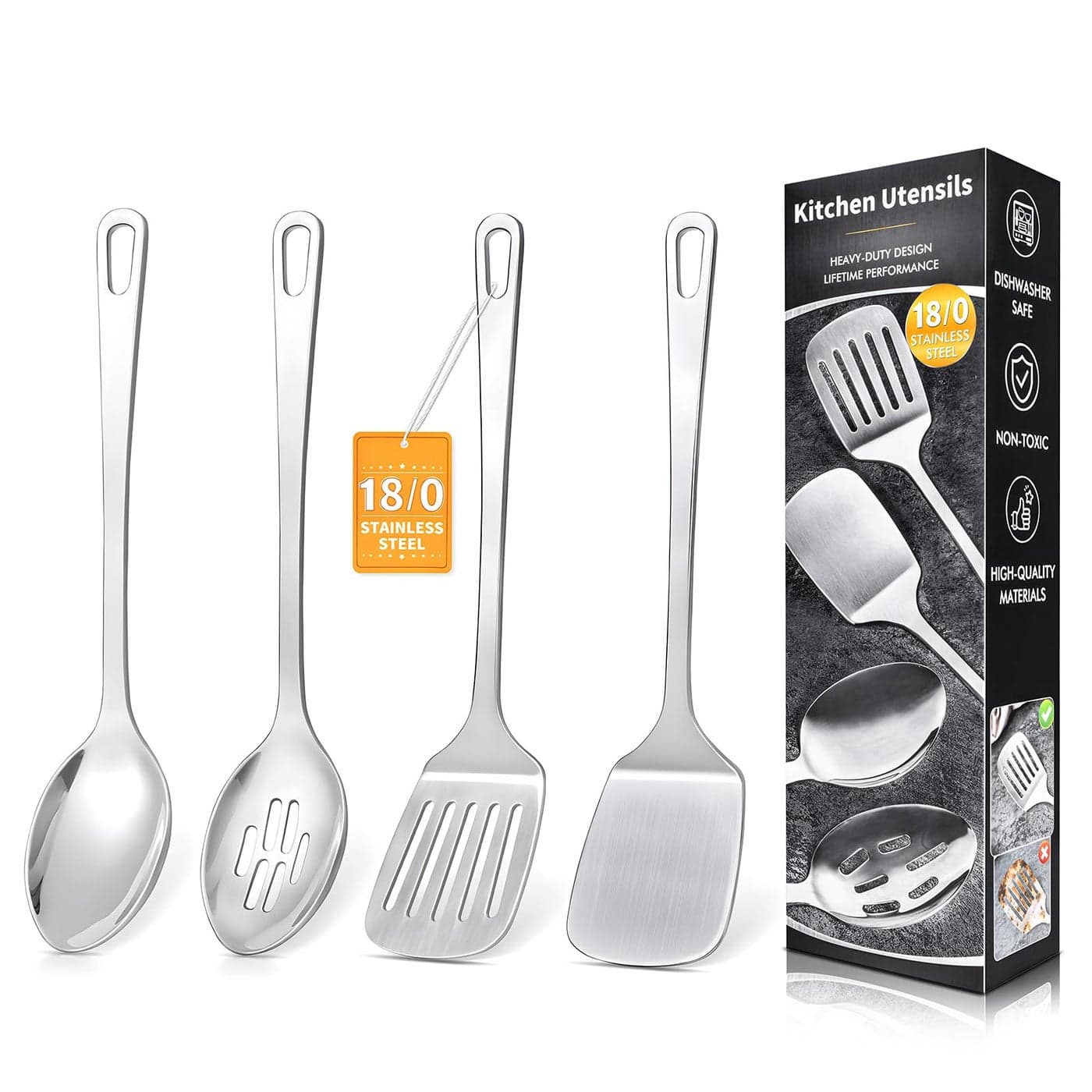 4 Pcs Cooking Utensils Set Stainless Steel Kitchen Utensils Heat Resistant Metal Kitchen Tools Include Solid Slotted Turner Wok Spatula Serving Spoon Ergonomic Handle Easy to Clean Silver