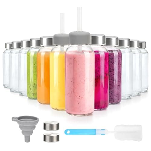 Zukro 12 oz Glass Juice Bottles with Lids & Straw, Airtight & Leak proof, Reusable Clear Small Bottle With Stainless Steel Cap for Juicing, Water, Smoothie & Milk, Dishwasher Safe & BPA Free, 12 Pack