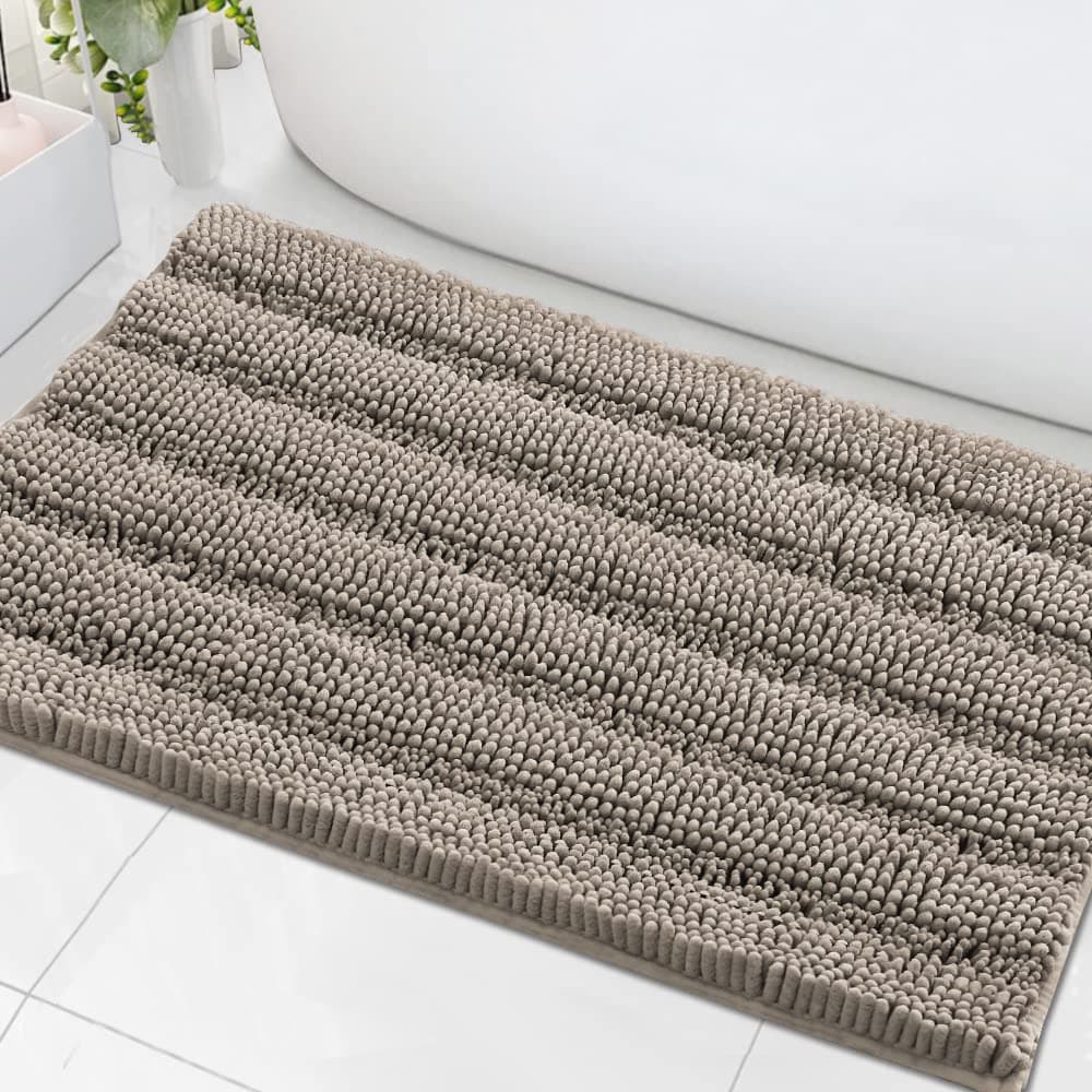 HVERSAILTEX Bath Mats for Bathroom Non Slip Extra Thick Chenille Striped Bath Rug 24 x 36 Absorbent Non Skid Fluffy Soft Shaggy Rugs Washable Dry Fast Plush Mats for Indoor Bath Room Tub Taupe