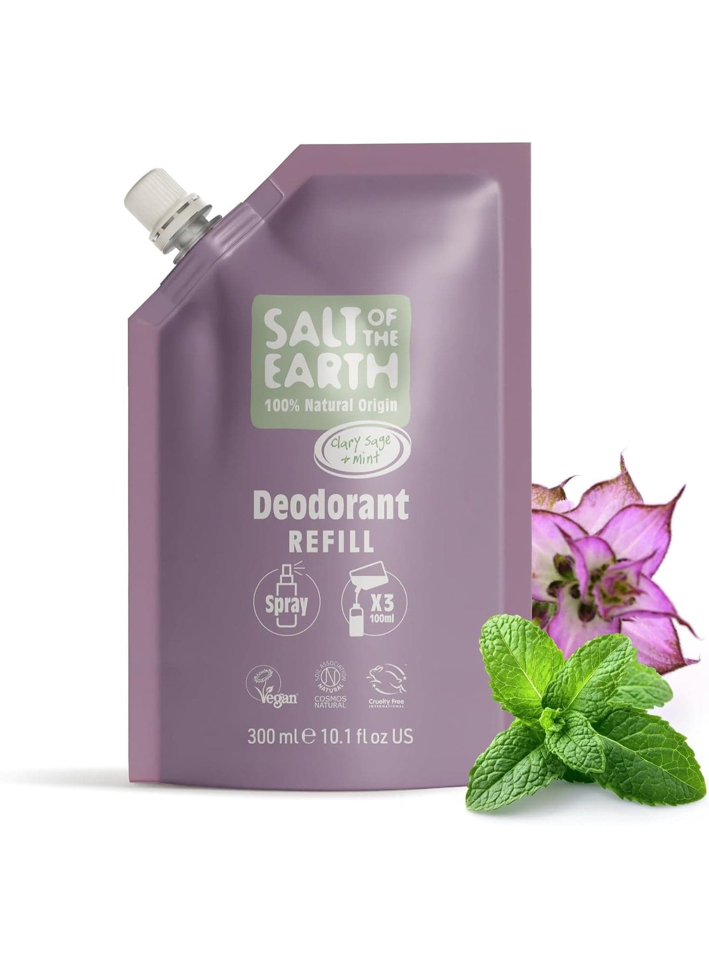 Salt of the Earth Natural Deodorant Spray Refill Bag, 3 Uses - Clary Sage & Mint - Vegan, Long-Lasting Protection - 300ml — 300M