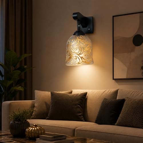 TRIPPING Vintage Frosted Grey Glass Wall Lamp with Gold Floral Design, Black Metal Base, E27 Holder, Warm Ambient Decorative Light for Living Room, Bedroom, Café and Hallway