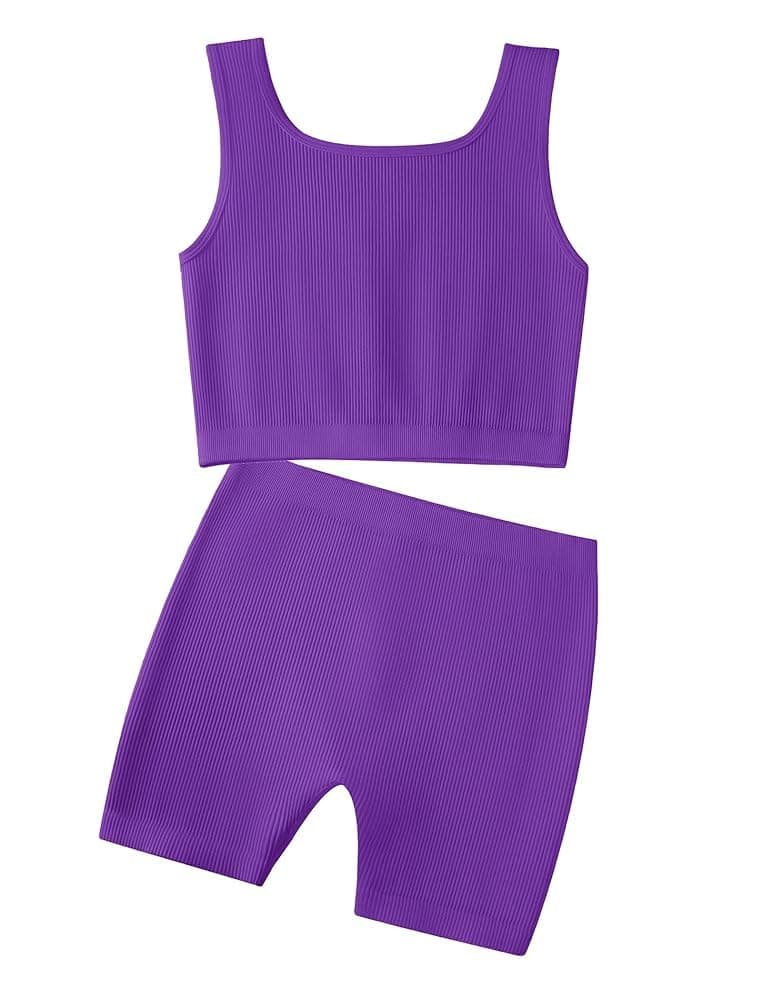 EXARUS Girls 2 Piece Outfits Workout Set Tank Tops and Athletic Shorts Seamless Ribbed Crew Neck Kids Summer Purple 8Y