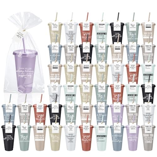 Tioncy 50 Set Valentine Galentine Employee Appreciation Gifts Bulk Team Cups Plastic Tumblers with Lids and Straws 24 oz for Workplace Coworker Staff Nurse Teacher Volunteer(Grateful,Multicolor)