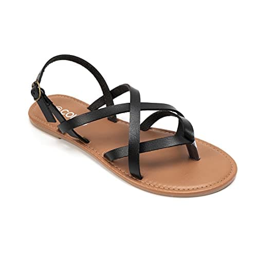 Colgo Women's Summer Strappy Flat Sandals, Adjustable Casual Fisherman Sandal with Open Toe Slingback Gladiator Sandals (6.5,Black)