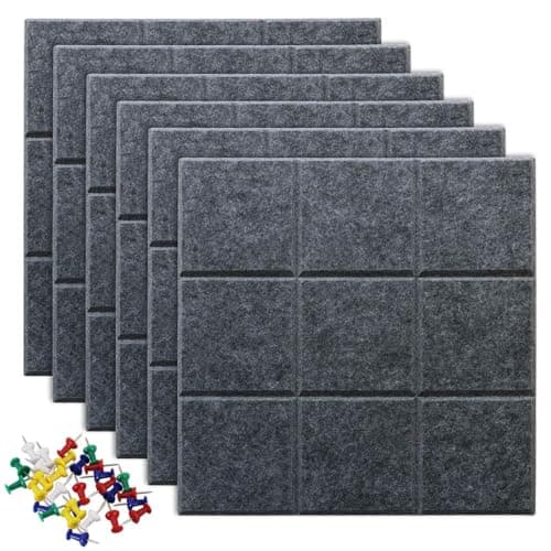 Uoisaiko Large Cork Board Felt Board Tiles for Walls with 30 Push Pins, 11.8"x11.8" Pack of 6 Pin Board Notice Boards for Home Office Kitchen, Bulletin Board Wall Tiles for Photos Memos