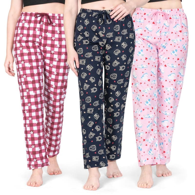 Real Basics Women Cotton Printed Pyjama Set of 3 (RB-W-PJ-M-P3-CHEK_BluE_PNKPANDA-N)