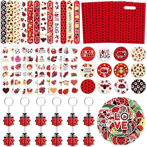 BOIKOKY 110Pcs Ladybug Party Favors for Kids Lady bug Birthday Party Decorations and Supplies with Slap Bracelets Keychains Tattoos Stickers Gift Bags Love Bug Goodie Bag Fillers for Girls Boys