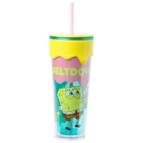 Silver Buffalo SpongeBob SquarePants “Meltdown” Plastic Drip Tumbler with Lid and Straw Featuring SpongeBob SquarePants and Patrick Star, 26 Ounces