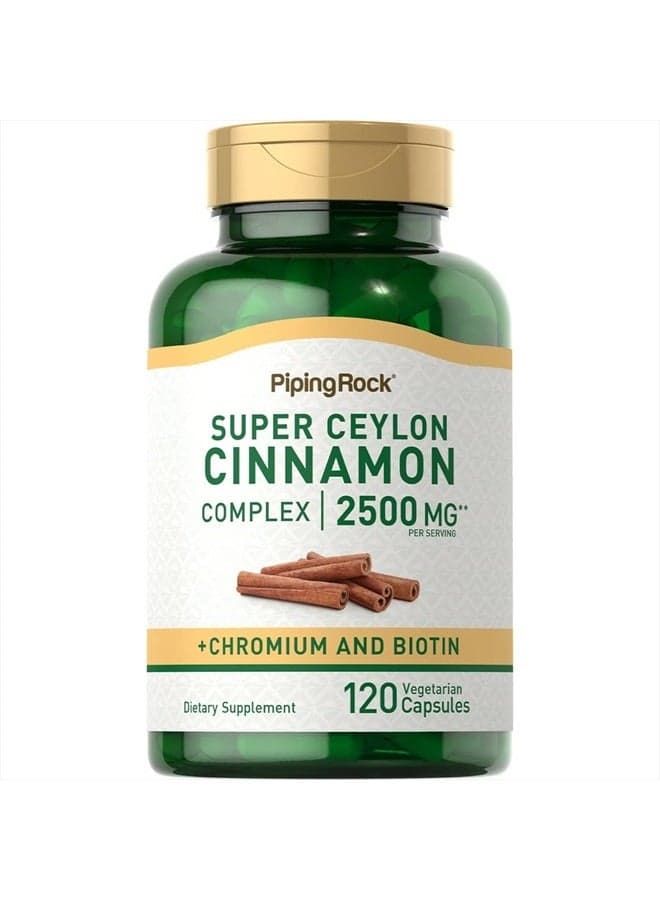 Ceylon Cinnamon Capsules | 2500mg | 120 Pills | Complex with Chromium and Biotin | Extract Supplement | Vegetarian, Gluten Free, Non-GMO