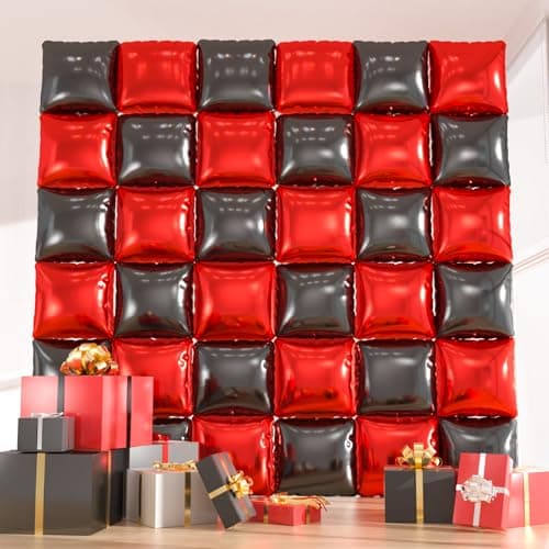36pcs Red Black Square Foil Balloons DoubleSided Mylar Balloon Backdrop Kit for Birthdays Graduation 2026 New Year Photo Booth Decor 95ft x 95ft Checkered WallTunnel