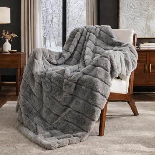 Cozy Bliss Deluxe Sheared Rabbit Faux Fur Throw Blanket, Soft Fuzzy High-Low Sculpted Plush Blanket for Couch, Cozy Home Accent, All Season Use, Grey 50"x60"