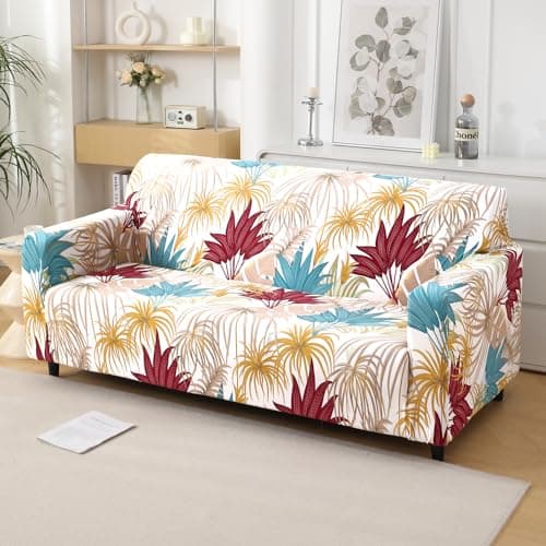 HOKIPO Polyester Blend 140 Gsm Fully Covered Sofa Cover 3 Seater,Cane Beige Ferns(Ar-5129-D4)