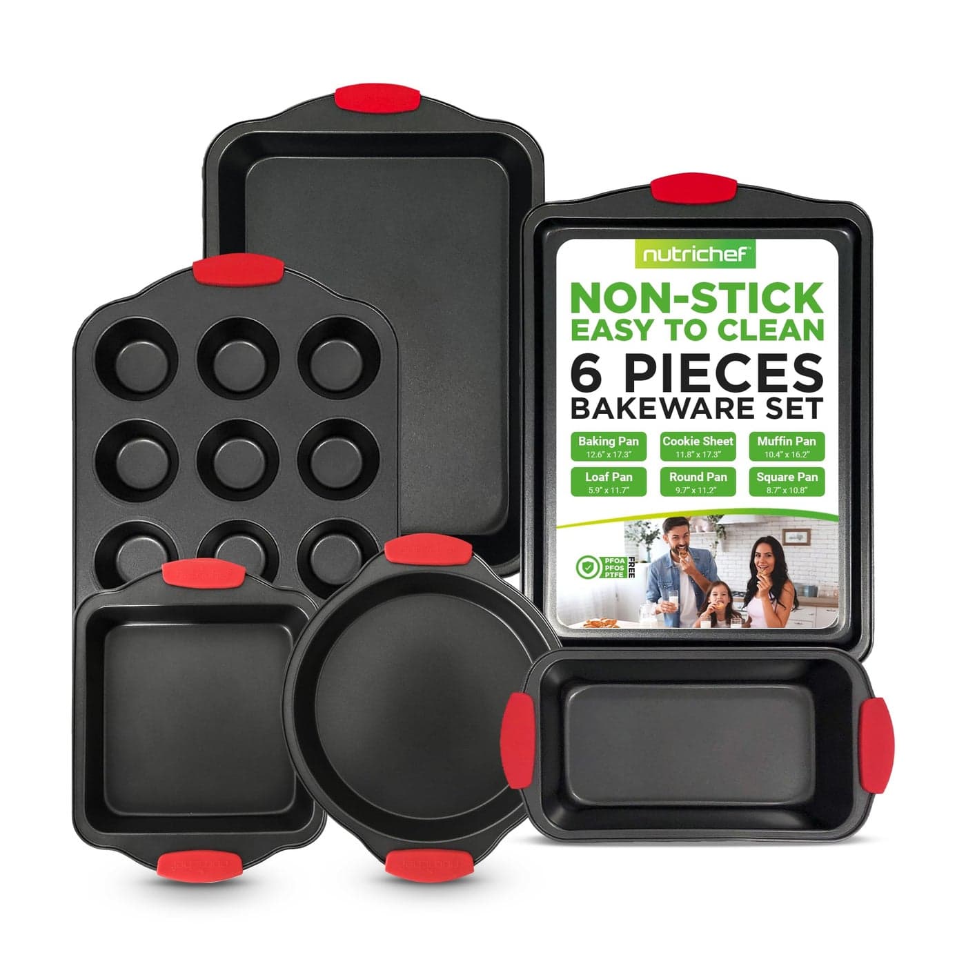 NutriChef 6Piece Nonstick Bakeware Set Carbon Steel Baking Tray Set w Heatsafe Red Silicone Handles Oven Safe Up to 450F Loaf Muffin RoundSquare Pans Cookie Sheet Baking Pan NCSBS6SBlack