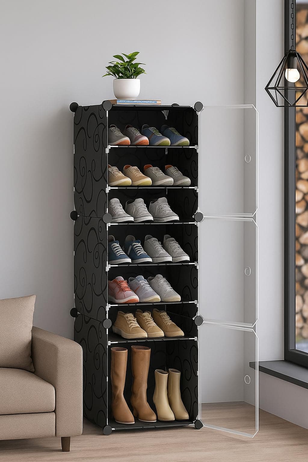 KRISHYAM® Portable Shoe Rack Organizer, Plastic Cube Storage 18 Pair Tower 9 Shelves Shoe Storage Cabinet Stand,Modular Cabinet for Hallway Bedroom Closet Entryway (9 Shelves-3 Door (Black))