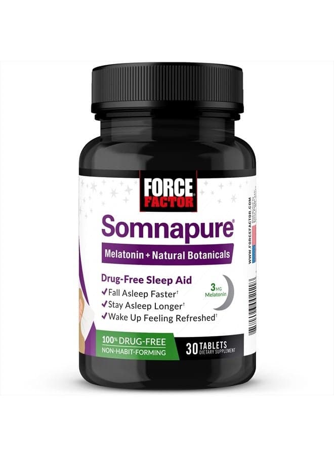 Somnapure Drug-Free Sleep Aid for Adults with Melatonin, Valerian Root, and Lemon Balm, Non-Habit-Forming Sleeping Pills, Fall Asleep Calm at Night, Wake Up Refreshed, Force Factor, 30 Tablets