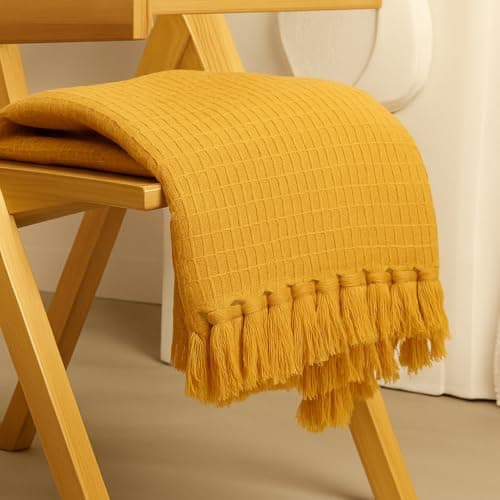 Furnistitchs Bohemian Cotton Sofa Throw Blanket 50x60 inches | Waffle Knit & Chevron Pattern with Fringes | Aesthetic Decorative Couch Throw for Living Room & Bedroom (Mustard Waffle)