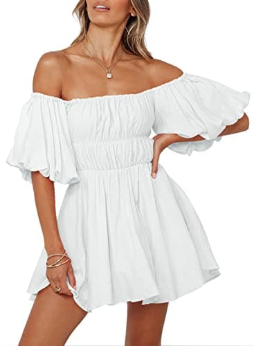 Dokotoo Off Shoulder Wedding Guest Dresses for Women 2025 Short Puff Sleeve White Dress Elastic Waist Ruffle A-Line Casual Mini Beach Dress Large