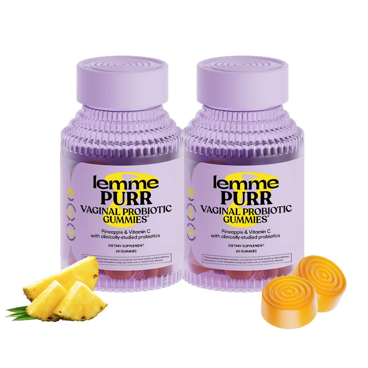 Lemme Purr Vaginal Probiotic Gummies for Women Balanced pH Healthy Odor Yeast Balance Flora Support Vitamin C for Immune Health Tasty Pineapple 60 Count Pack of 2