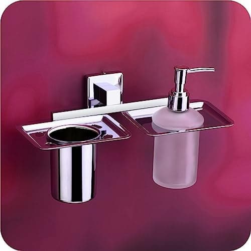 EASYHOME FURNISH soap Dispenser with Toothbrush Holder for washbasin Liquid Dispenser and Brush Holder for Bathroom Tumbler Holders dispensers(304 Stainless Steel,Chrome Finish,Frosted Glass) MR12