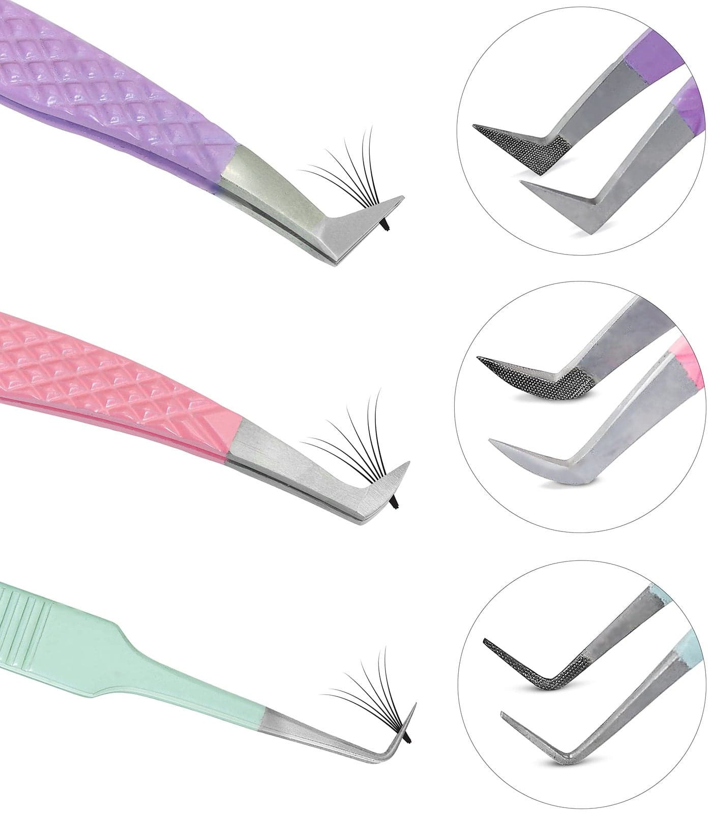 SIVOTE Lash Tweezers for Eyelash Extensions Set of 3 Volume Volume Boot Slim 90 Degree Tweezers with Fiber Tips in Pastel Colors Ideal for Mega Volume Russian Lashes Includes Leather Pouch