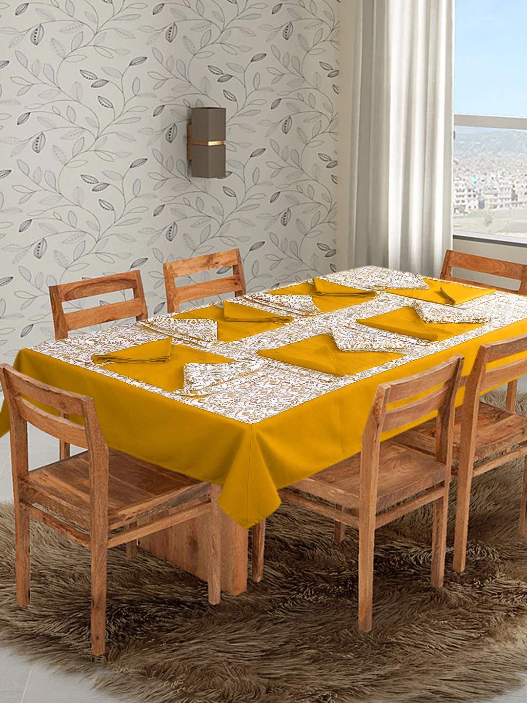 Dekor World Cotton Printed Table Cover with 4 Place Mat & 8 Napkin for Dining Table (Yellow, Table Cover (8 Seater))