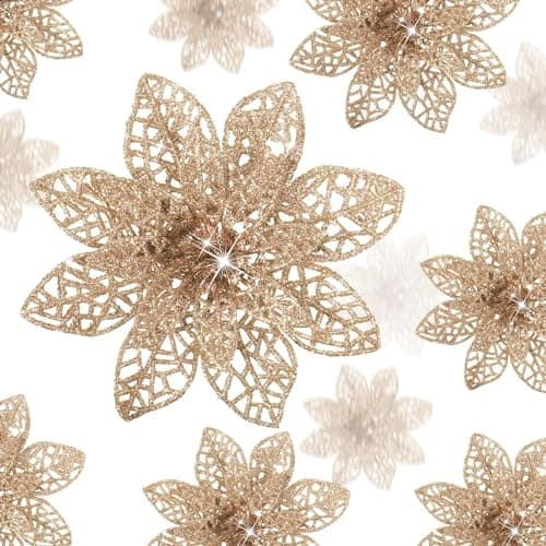 Boao Champagne 24 Pieces Poinsettia Flower Christmas Glitter Artificial Poinsettia with Clips Christmas Tree Ornament Decorations for DIY Xmas Wreath Holiday Home Party Decor 346 Inches