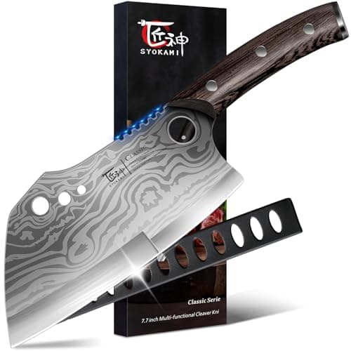 SYOKAMI Meat Cleaver Chef Knife with Sheath, 7.7 Inch Butcher Knife with Herb Stripper, Chopping Knife Heavy Duty Bone Cutting, Damascus Pattern Full Tang Wood Handle, Birthday Gift for Men