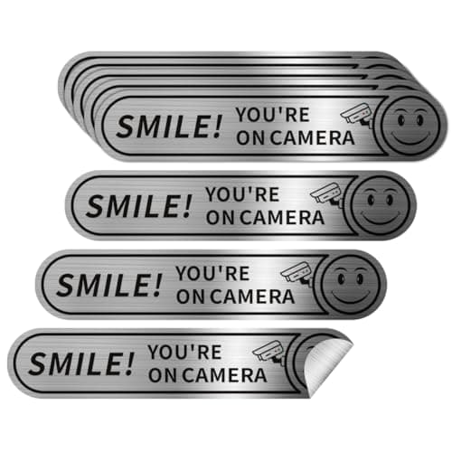 8 pieces Smile Youre On Camera Stickers for Cars Brushed Silver 24 Hour Video Surveillance Sign Sticker5inx1in