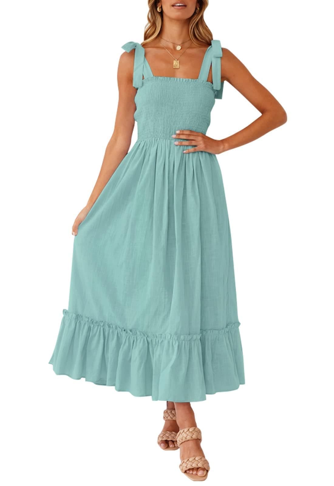 ZESICA Womens 2025 Summer Boho Spaghetti Strap Square Neck Solid Color Ruffle A Line Beach Long Maxi DressSageMedium