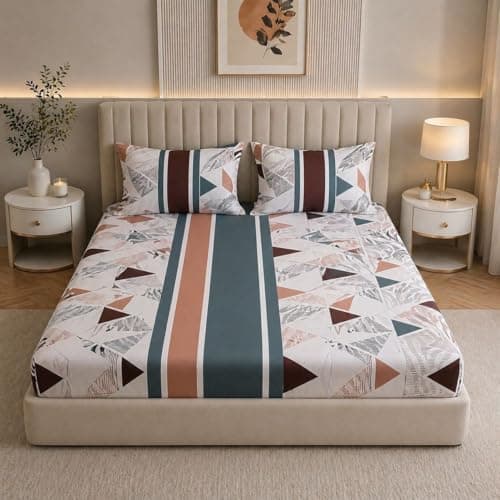 Castiqa Elastic Fitted Supersoft Premium Brushed Cotton 200TC Double Bedsheets King Size 78x72 Inch with 2 Pillow Covers (Fits Upto Mattress of 8 Inches) (Green White Triangle)