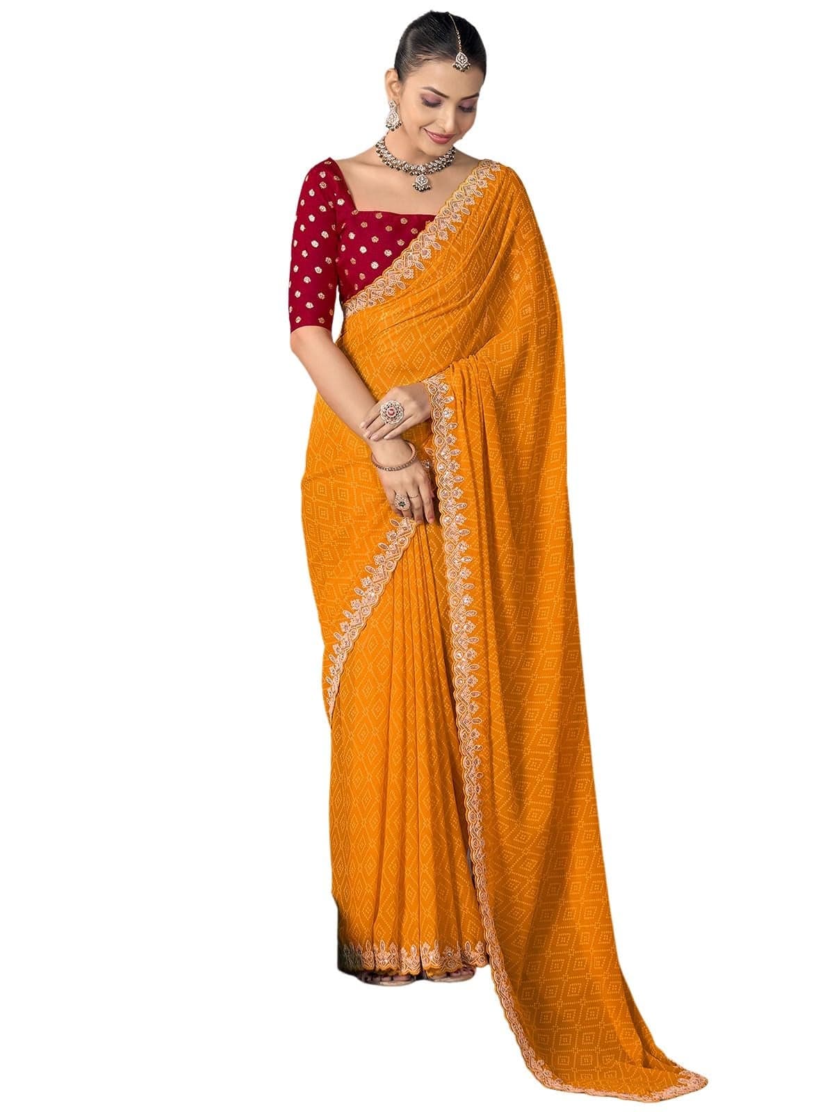 Satrani Women's Georgette Bandhani Printed & Embroidery And Sequins Work Border Saree with Unstitched Blouse Piece (4165S913N_Termeric Yellow)
