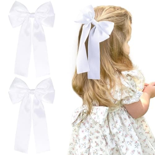 NCMAMA 2Pcs Hair Bows for Girls Hair Clip Silk Hair Bow Ribbon Hair Accessories for Women Toddlers Infant Teens KidsWhiteSilk