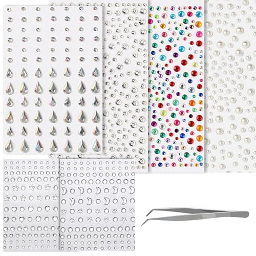 TecoKart® 6 Sheet Hair Stickers for Hair Decoration Face Gems Rhinestones Pearl Stickers Kit for Makeup with Tweezer Self-Adhesive Rhinestone Hair Accessories for Crafts, Nail Art, Clothes Making