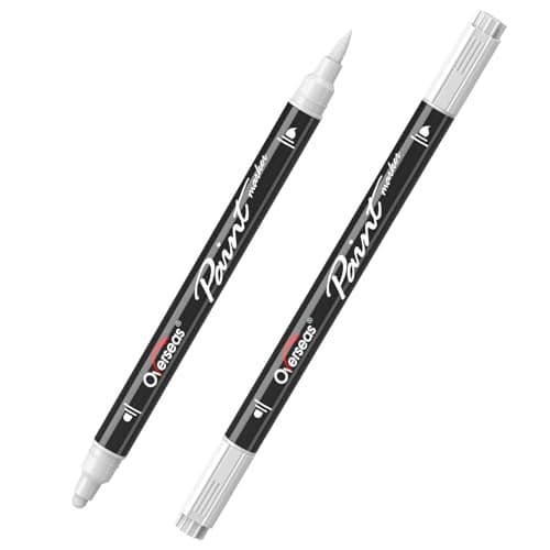 Overseas White Acrylic Paint Markers 2 Pack Dual Tip Paint Pens Acrylic Markers with Dot and Brush Tip Coloring Marker for Wood Rock Canvas Glass Metal Ceramic Plastic Fabric School Supplies