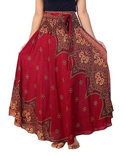 Lannaclothesdesign Women's Long Maxi Skirt Bohemian Gypsy Hippie Style Clothing Boho Skirts (US 37 INC S-M, Burgundy Peacock Flower)