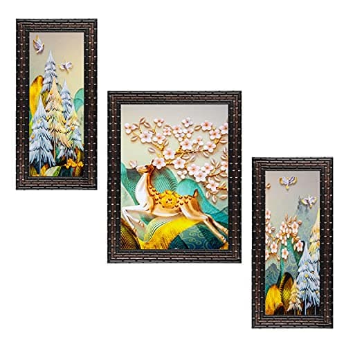 Indianara Set of 3 Running Deer Framed Art Painting (3200GB) without glass 6 X 13, 10.2 X 13, 6 X 13 INCH