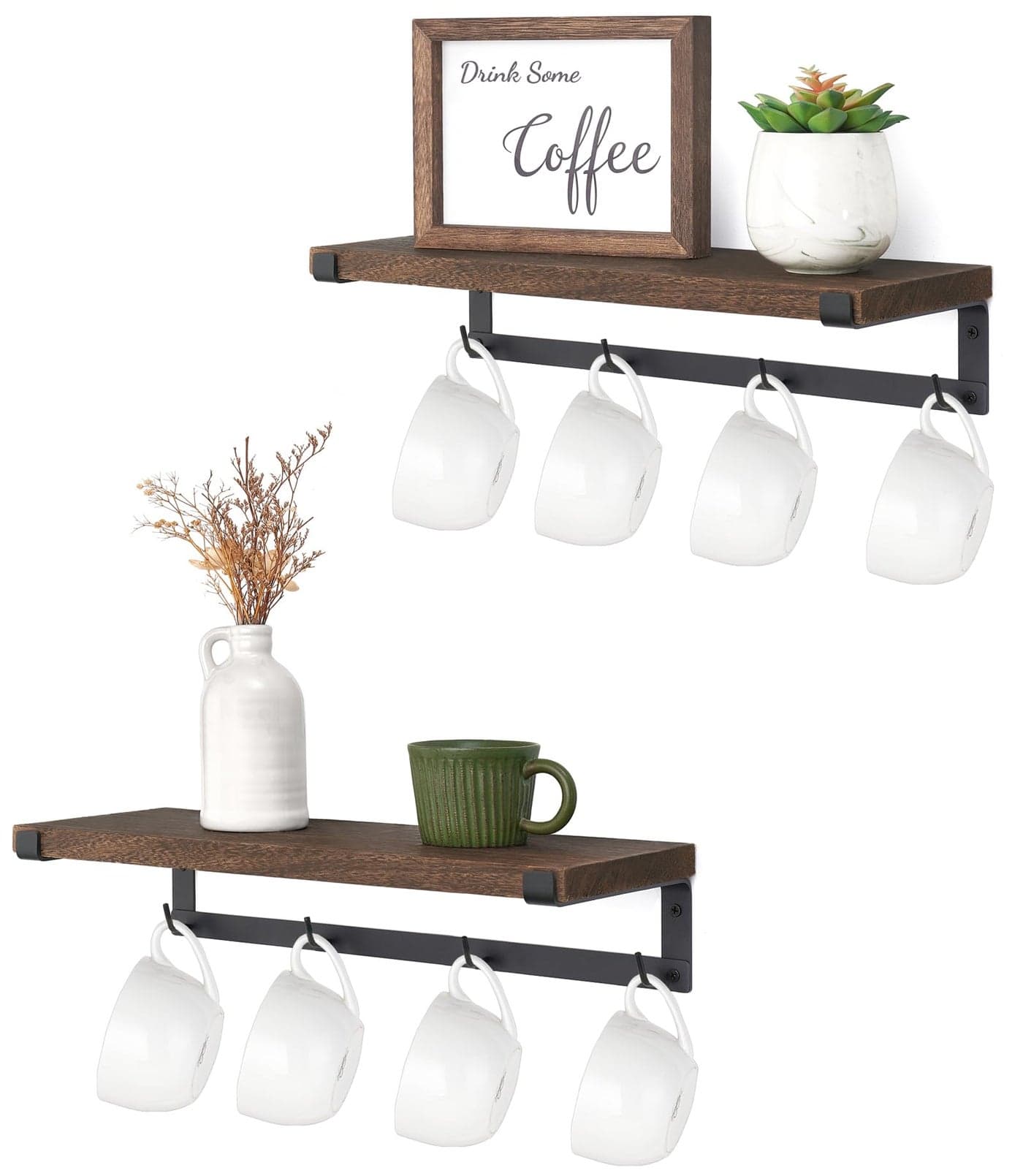 Dahey Mug Holder Wall Mounted Mug Rack with Hooks Set of 2 Storage Rustic Floating Shelf Coffee Bar Accessories Wood Coffee Cup Hanger for Organizing Cooking Utensil Home Kitchen Decor Brown