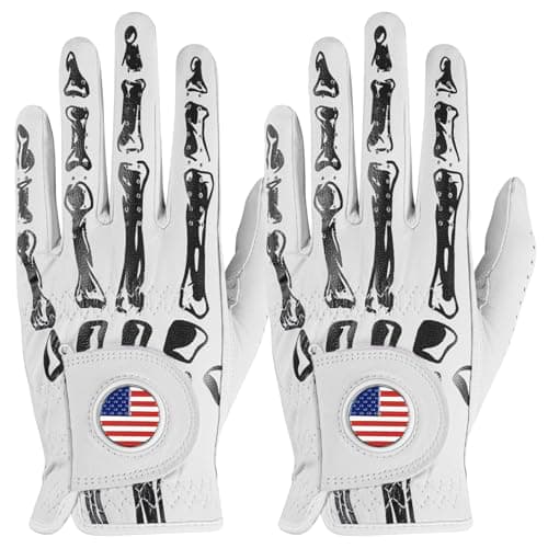 Cabretta Leather Golf Gloves for Men Value 2 Pack, Premium Stylish & Comfortable Left Hand Gloves with Ball Markers for Right-Handed Golfers, Enhanced Grip & Breathability (Bones, Medium, Left)