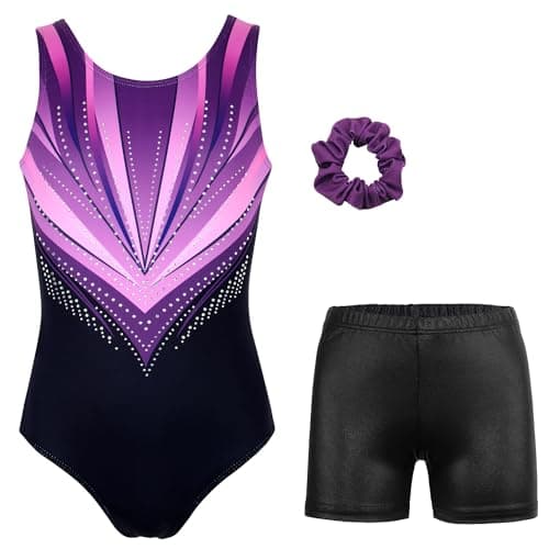 MODAFANS Gymnastics Leotards for Girls with Shorts Ballet Dance Set Activewear Purple-black Diamond,10-11Years