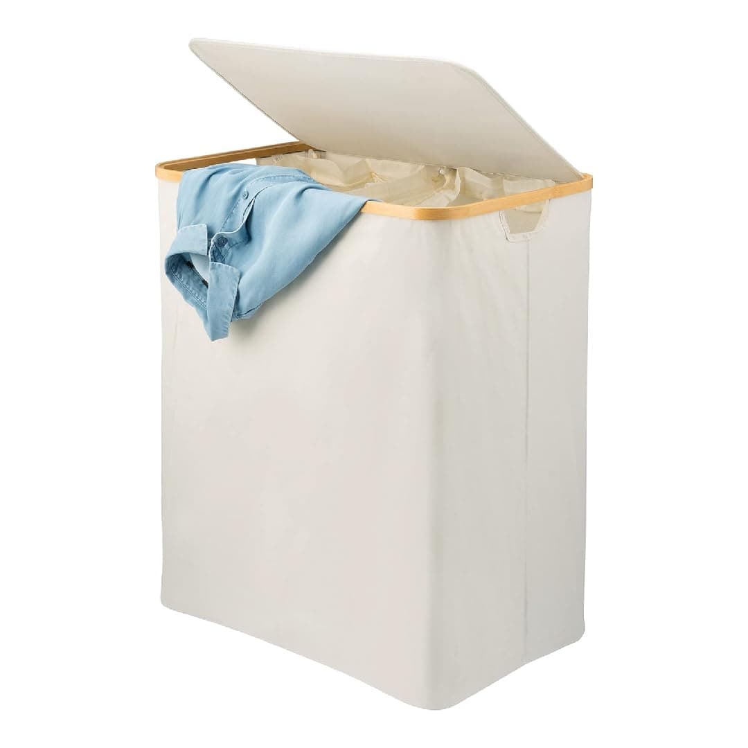 BELLYPIG Premium Laundry Basket Foldable Bamboo Hamper with Lid Handles Durable Oxford Fabric Large Size Lightweight SpaceSaving Design Professional Aesthetic Look White