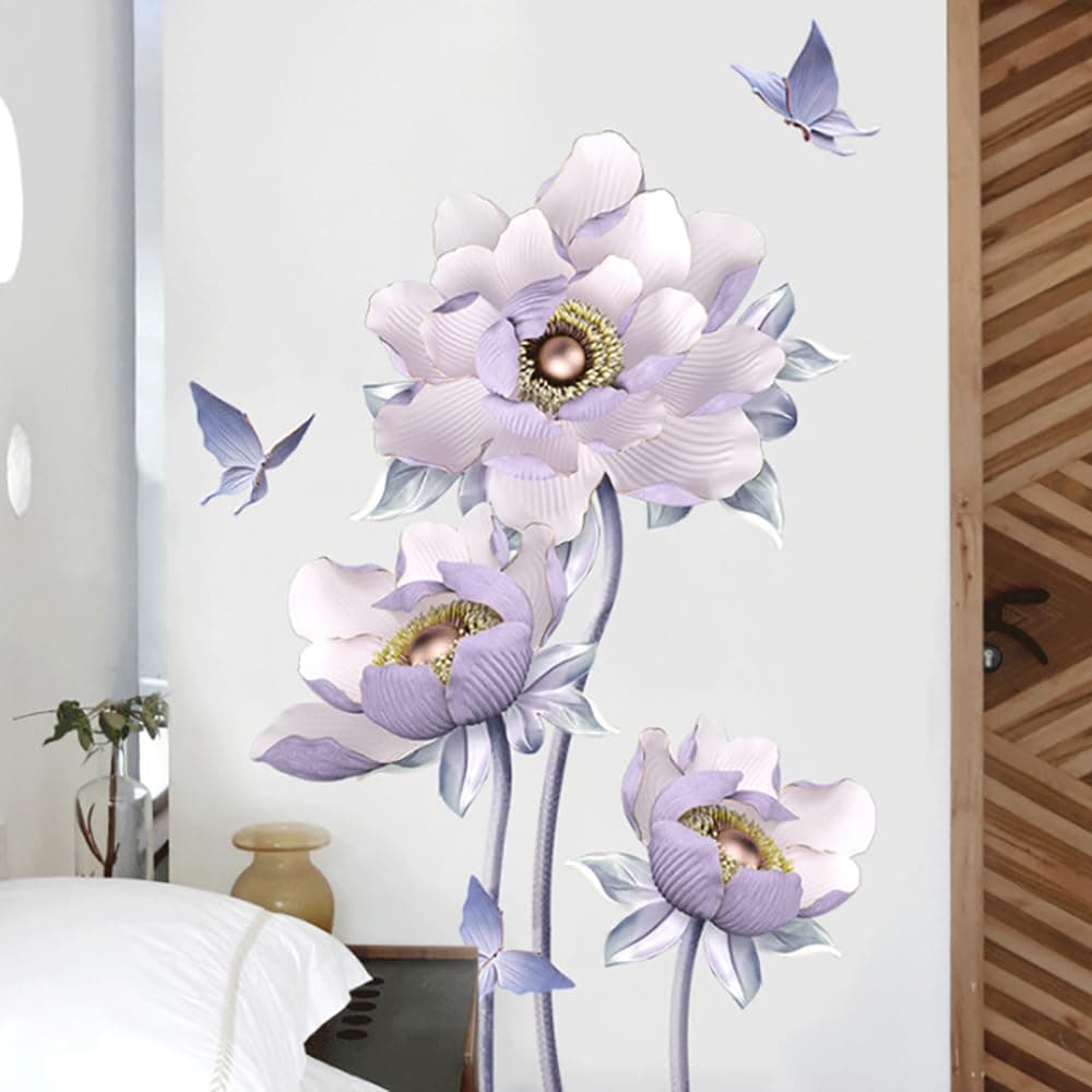 Runtoo 3D Flower Wall Art Stickers Purple Lotus Floral Wall Decals for Living Room Bedroom TV Background Decor