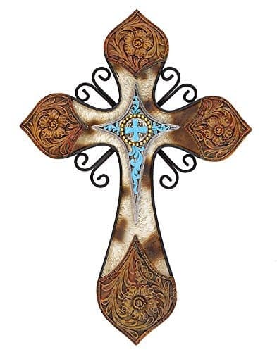 Cowhide Tooled Leather Cross with Turquoise Layer in Resin and Metal Combination
