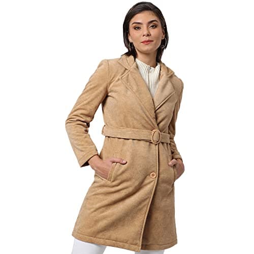 Campus Sutra Women Beige Regular Fit Long Coat For Winter Wear | Collar Neck | Full Sleeve | Buttoned | Casual Jacket For Woman & Girl | Western Stylish Jacket For Women