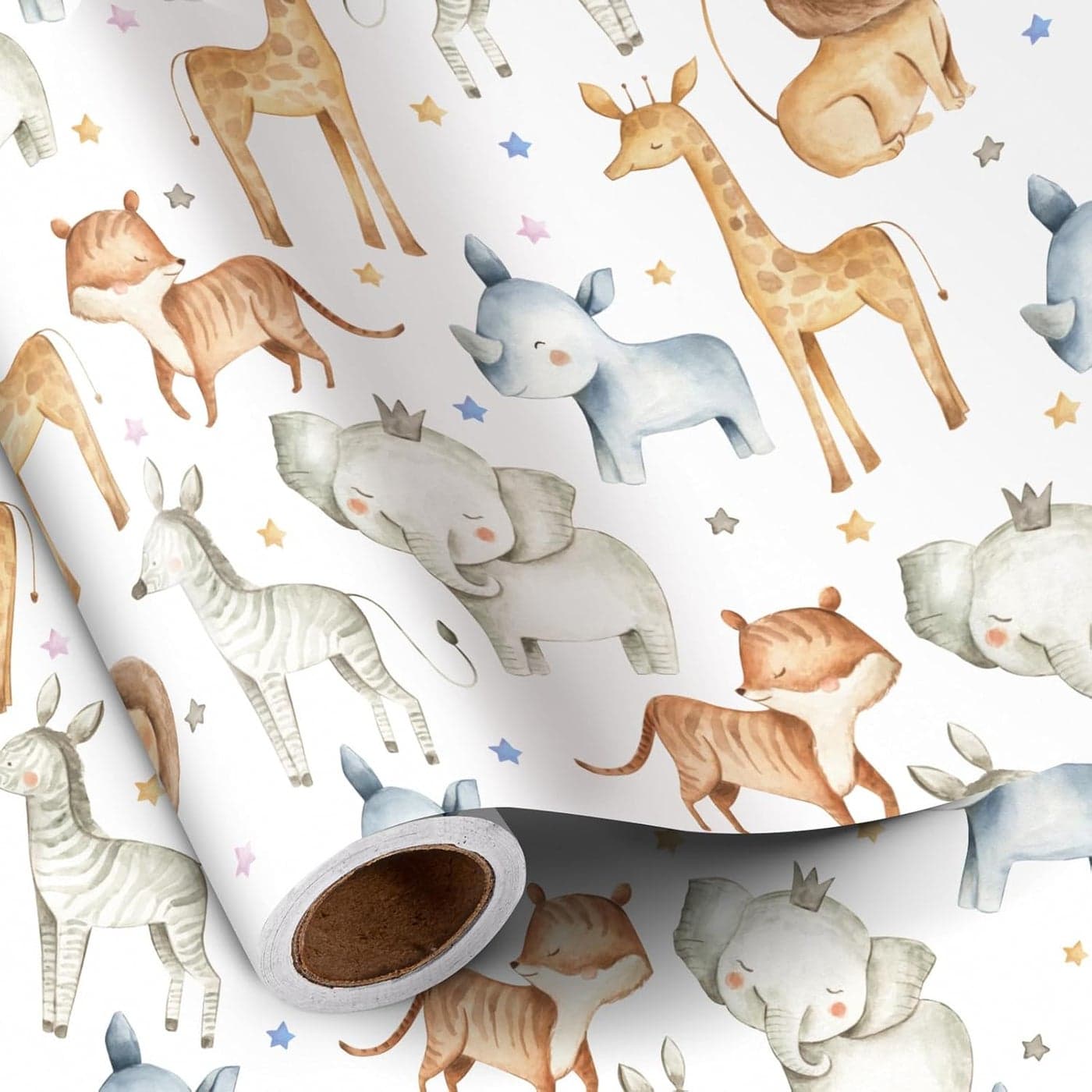 RUSPEPA Jungle Animal Wrapping Paper Roll for Boy Girl Mini Roll Cute Safari Design with Elephant Giraffe Zebra Lion Gift Wrap for Kids Birthday Baby Shower Nursery Celebrations 17 In x 164 Ft