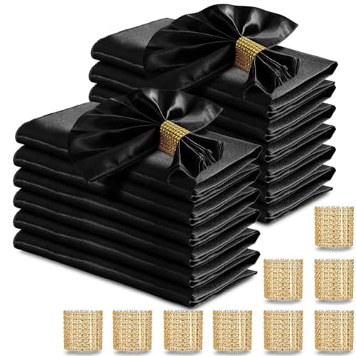 RUDONG M 100 Pcs Black Satin Napkins and Napkin Rings Set 17 x 17 Inch Square Cloth Napkins Set of 50 Silky Soft Table Napkins Bulk for Weddings Banquet Parties Dinner Decoration