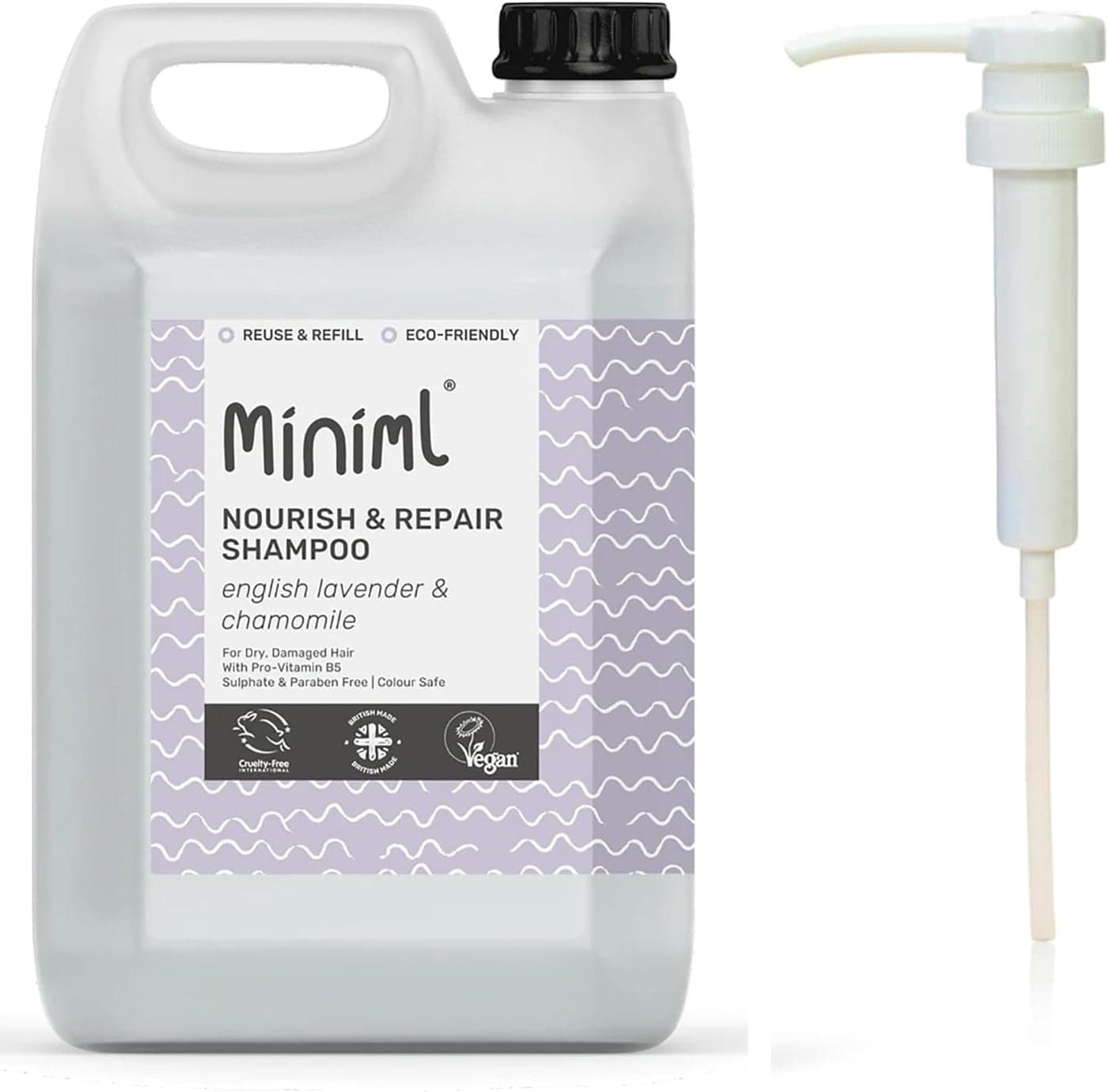 Miniml Natural Eco Hair Shampoo Nourish and Repair 5L Refill and 5L Pump Lavender and Chamomile For Dry Damaged Hair with ProVitamin B5 Sulphate Paraben Free Vegan Cruelty Free