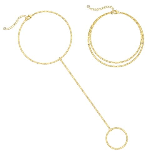 Moodear Gold Plated Bracelets for Women - Dainty 14K Gold Plated Hand Chain Ring Bracelet Cute Adjustable Sparking Link Chain Layered Bracelet Set Non Tarnish Trendy Jewelry Gift