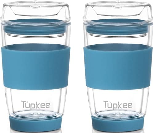 Tupkee Double Wall Glass Tumbler 8Ounce All Glass Hand Blown Reusable Insulated TeaCoffee Mug Lid Travel Mug Niagara 2 Pack