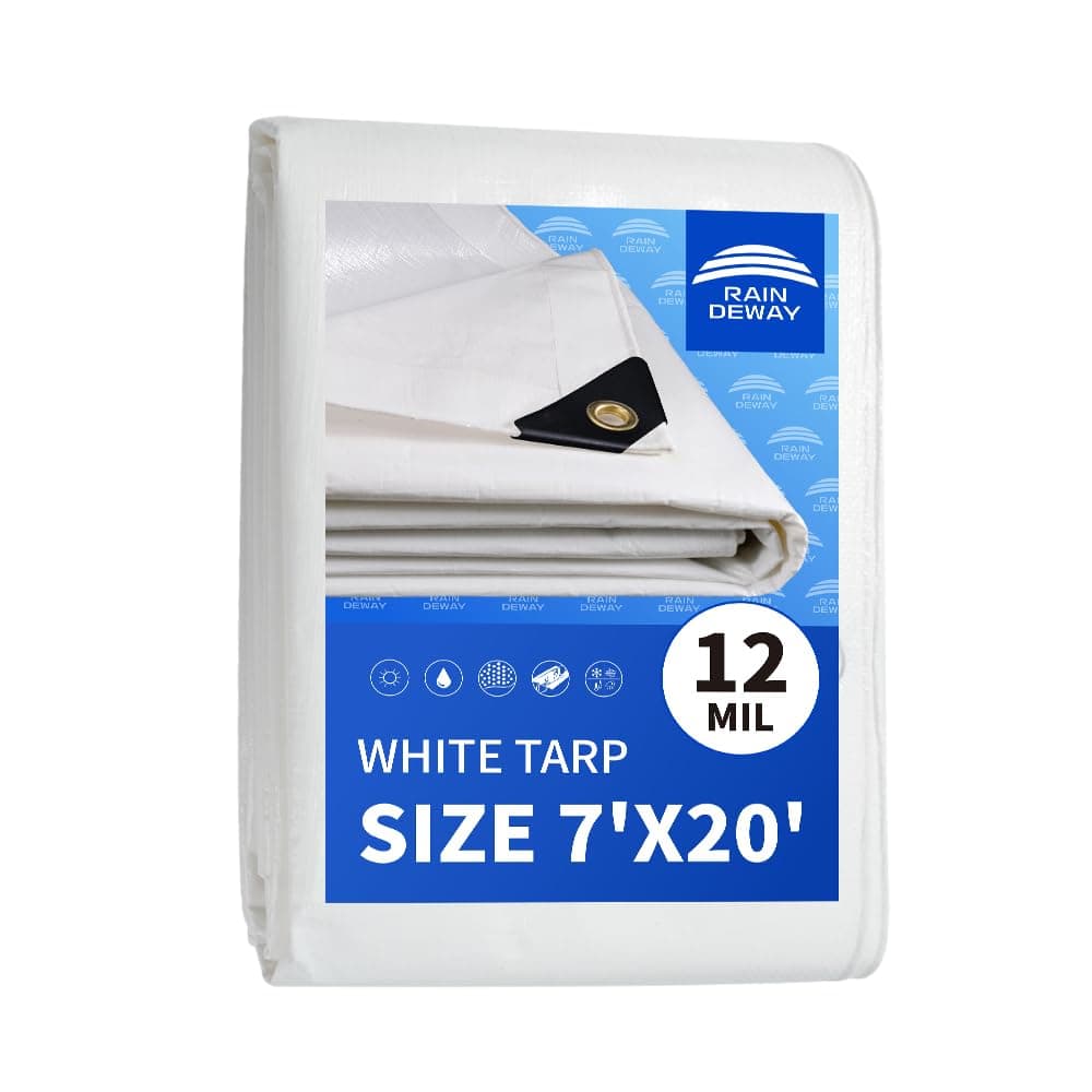RAINDEWAY 12 Mil Heavy Duty White Tarp 7x20 Feet UV Resistant Waterproof Weatherproof Poly Tarp with Metal Grommets and Reinforced Edges