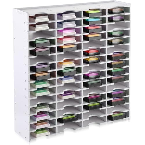Sunnychicc 1 Pack 60 Grids Ink Pad Storage Holder Stamp Organizer, Ink Pad Stamp Holder Storage Rack for Home Office Crafts School Supplies, White